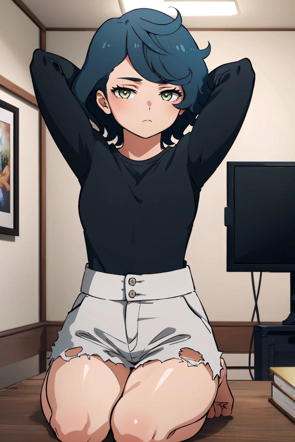 masterpiece, best quality, 1girl,  <lora:noreadunoc-nvwls-v1-000009:1> noreadunoc, black shirt, long sleeves, white shorts, torn shorts, looking at viewer, arms behind head, indoors, seiza