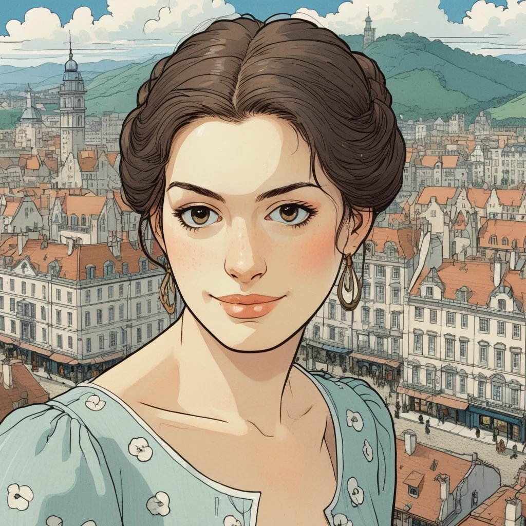 Studio ghibli style illustration of the face of a woman looking at the viewer with a victorian city square in the background, anxhthway, <lora:anhathaway_juggerX_xl_1_standard_wocap_merger_56prev_51_72_04_03_03-anxhthway:1.0>