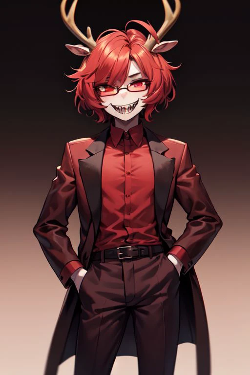 1boy absurdres alastor_(hazbin_hotel) antlers black_eyeshadow black_shirt coat collared_shirt colored_sclera cowboy_shot deer_antlers deer_boy demon demon_boy demon_horns eyeshadow formal glasses gradient_background grin hands_in_pockets hazbin_hotel hb_dreaming highres horns long_sleeves looking_at_viewer makeup multicolored_coat multicolored_hair open_clothes open_coat pants red_eyes red_hair red_pants red_sclera red_shirt sharp_teeth shirt slit_pupils smile solo teeth two-tone_coat two-tone_hair two-tone_shirt yellow_teeth