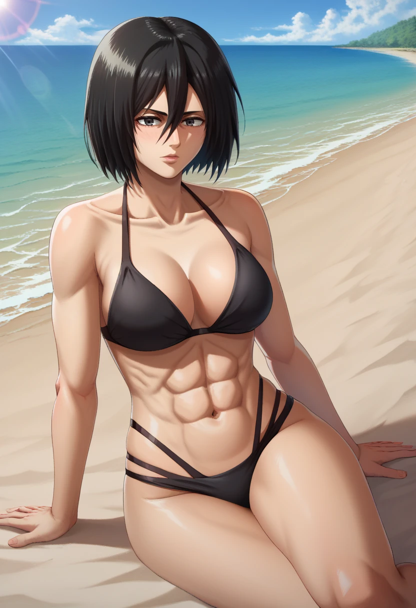 score_9,score_8_up,score_7_up,score_9,4k,HD,8k,highres,antialiasing,detailed,texture,cinematic lighting BREAK <lora:mikasa:1>,mikaackermanSDXL, 1girl, solo, short hair,  black hair, black eyes,beach, black bikini,  mikasa ackerman