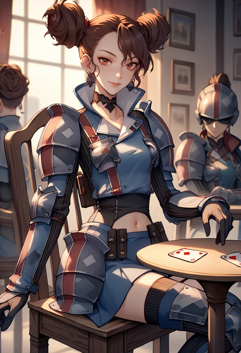 score_9, score_8_up, score_7_up, source_anime, 1girl, sitting, smile, holding playing card, <lora:RosieVC-pdxl:1> defRos, double bun, black choker, earrings, blue shirt, blue skirt, armor, chest guard, gloves, navel, thighhighs, indoors, chair, table