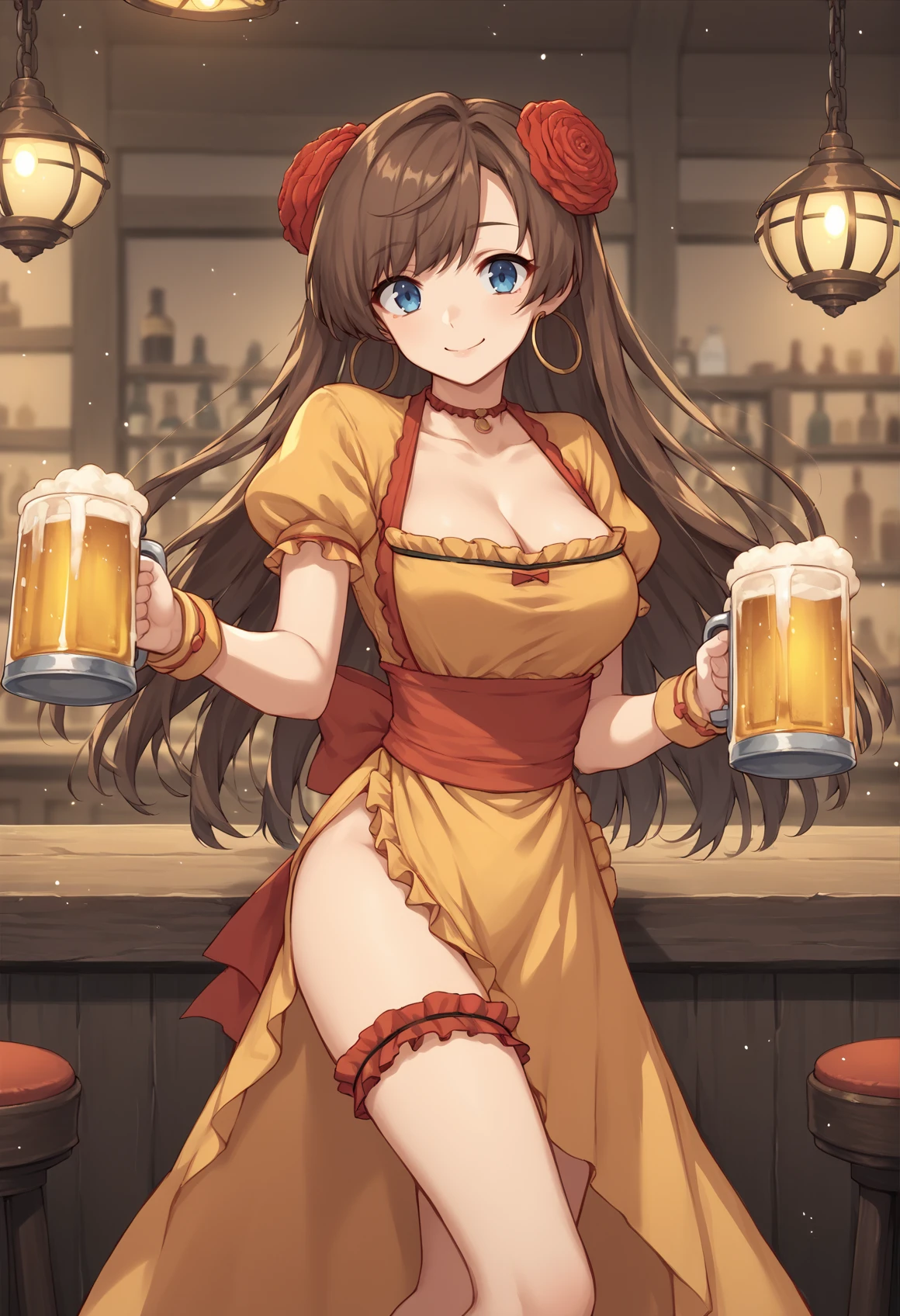 amber_genshin, nsfw, hair ribbon, masterpiece, 1 girl, shorts, erect nipples, intricately detailed, topless, puffy nipples, pubs, table, crowd, navel, bare shoulders, necklace, beer, tavern, inn, pub, crowd, brown hair, long hair, extremely detailed, photorealistic, octane render, 8 k, unreal engine, bare breasts, nipples, yellow eyes, carrying beer tray, bare stomach, sweaty, people on background, oktoberfest, smiling, moist breath, child, arm strap, small breasts, blush, bare shoulders, open mouth, peace sign, winking, bare arms, bare elbows, hair_between_eyes, red_ribbon, leather belt, waist pouch, goggles, seductive look, curvy body, legs, petite body