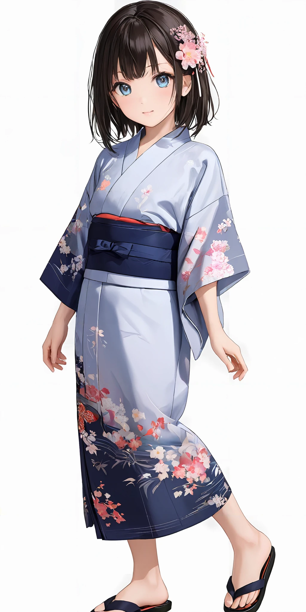 masterpiece,ultra-detailed,best quality,cute face,clean skin ,shiny hair,girl,ultra-detailed-eyes,simple background,
<lora:yukata_XL_V1.0:0.6> jyojifuku, yukata, japanese clothes,hair ornament,sandals