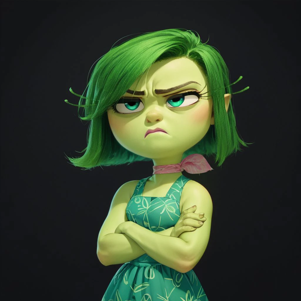 score_9, score_8_up, score_7_up, score_6_up, score_5_up, score_4_up, rating_safe, DisgustEmotion, glowing, 1girl, green skin, green hair, arms crossed, black background, concerned look