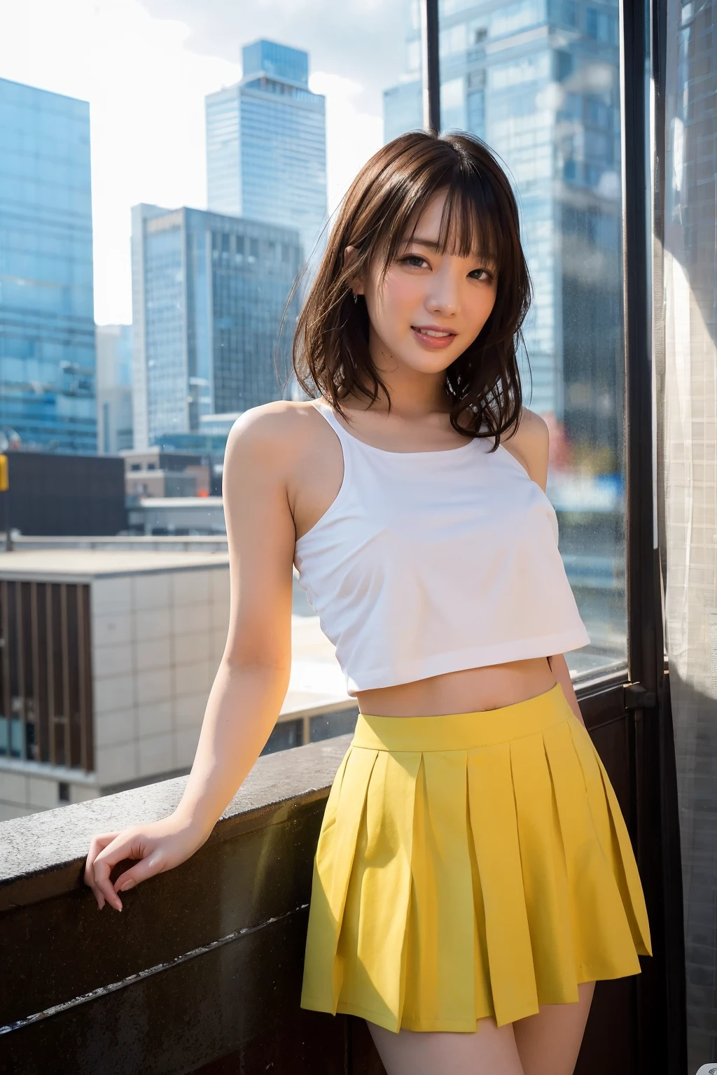 <lora:airi321:1>,masterpiece,best quality,1girl,solo,realistic,smile,photorealistic,ultra detailed,looking to the viewer,upper body,airi suzumura,crop top,pleated skirt,cityscape,neon lights,rain,night sky,thighs,brown hair,Urban Nightscape, City skyline, illuminated buildings, night, dramatic, colorful, modern,Sunrays shine upon it,