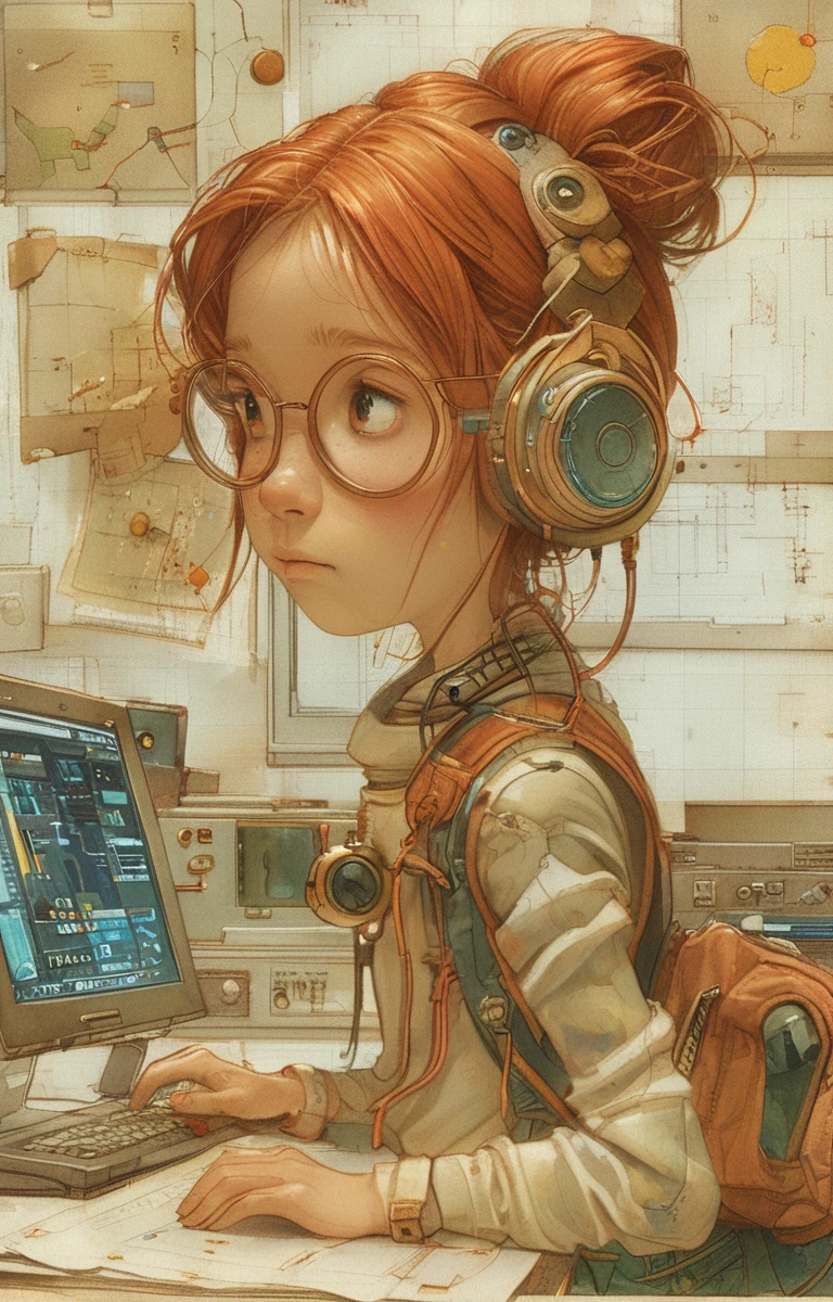 masterpiece,best quality,<lora:tbh159-sdxl:1>,illustration,style of Kestutis Kasparavicius, tech genius teenage girl