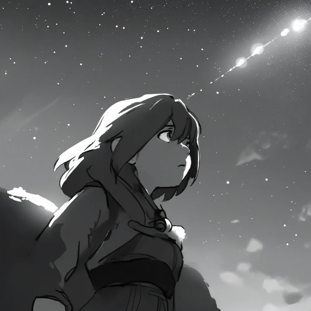 lor concept art, a girl looking at a star filled sky. 