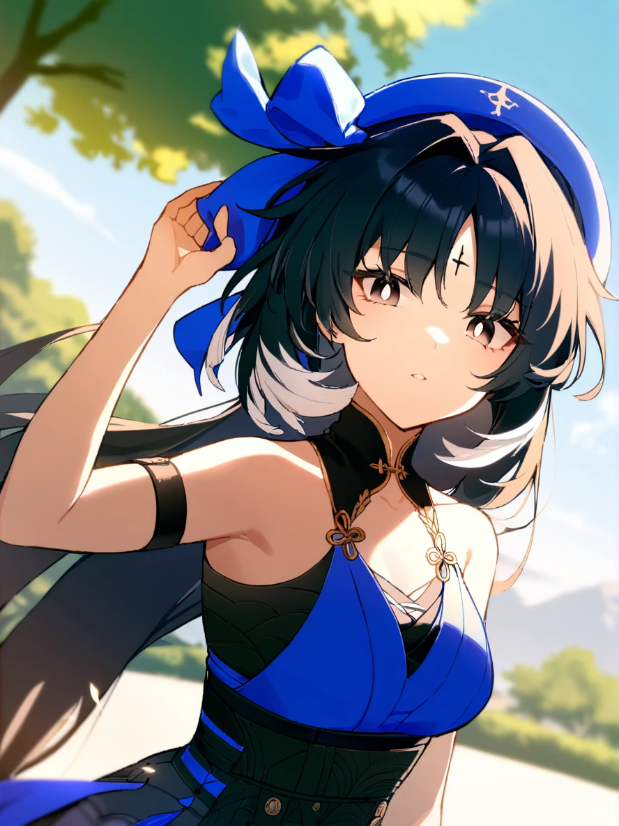 1girl,
yangyang \(wuthering waves\),
solo, outdoors, day, upper body, hat, black hair, sunlight, long hair, sky, sun, bright pupils, hand on headwear, cloud, blurry, parted lips, blue sky, blue bow, white pupils, bow, black eyes, blue dress, blue headwear, tree, bare shoulders, dress, sun hat, looking at viewer, hat bow, arm strap, blurry background, lens flare,
masterpiece, best quality, safe
<lora:mki-ani3-yangyang-v3:1>