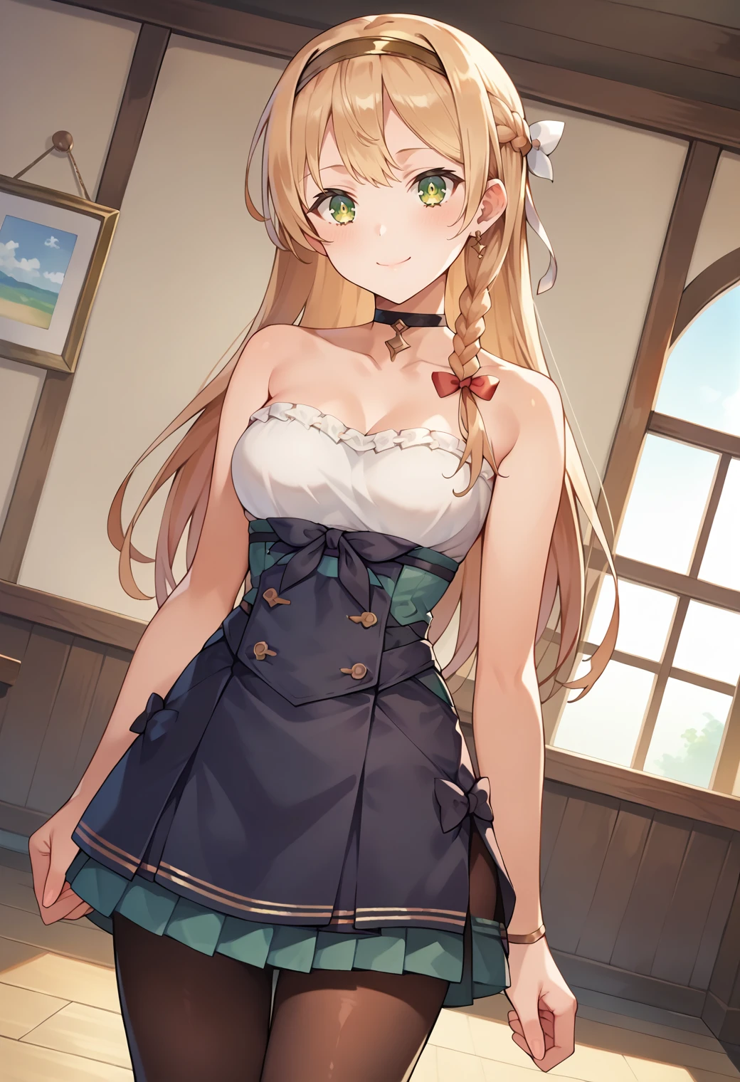 score_9, score_8_up, score_7_up, score_6_up, score_5_up, score_4_up, source_anime, indoors,
(masterpiece, best quality), fcDetailPortrait, solo, 1girl, klaudiaryza1base, braid, hairband, hair ribbon, medium breasts,
klaudiadefshirt, klaudiadefskirt, choker, bare arms, strapless, thighband pantyhose, brown pantyhose,
looking at viewer, smile, closed mouth,
standing, dutch angle,
<lora:_klaudia_ryza1-elesico:1>