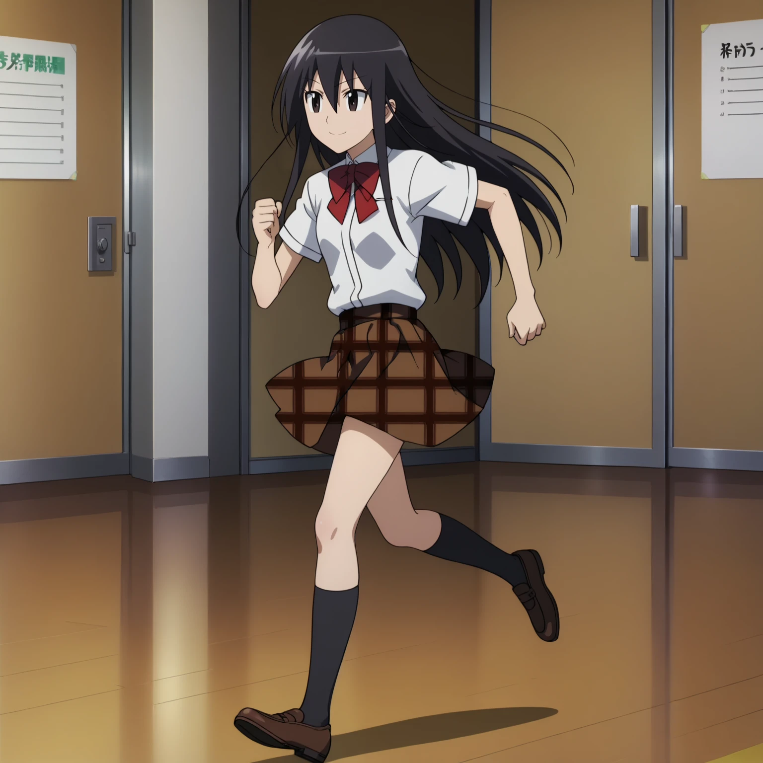 <lora:ShinoAmakusaXLpony001>,
smile,
solo,
ShinoAmakusa,1girl,black hair,long hair,black eyes,
school_uniform,bowtie,
plaid skirt,
black socks,
indoors,
full body,running,