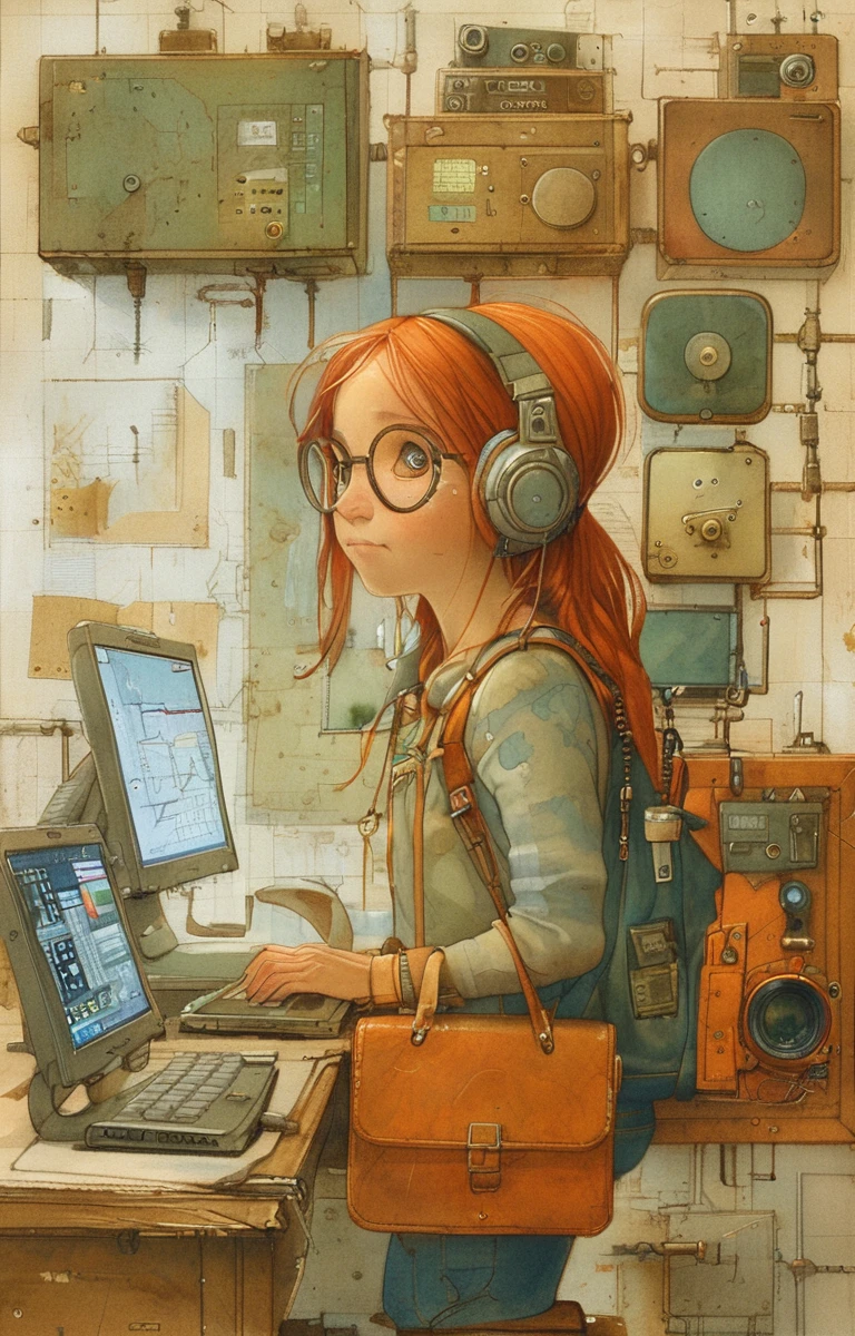 masterpiece,best quality,<lora:tbh159-sdxl:1>,illustration,style of Kestutis Kasparavicius, tech genius teenage girl