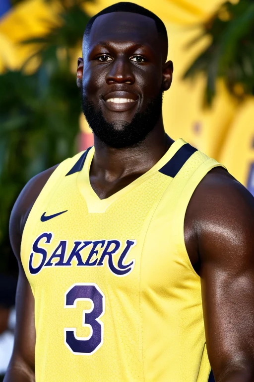 <lora:Stormzy_Lora-10:0.9>, stormzy, yellow basketball uniform, park background, portrait