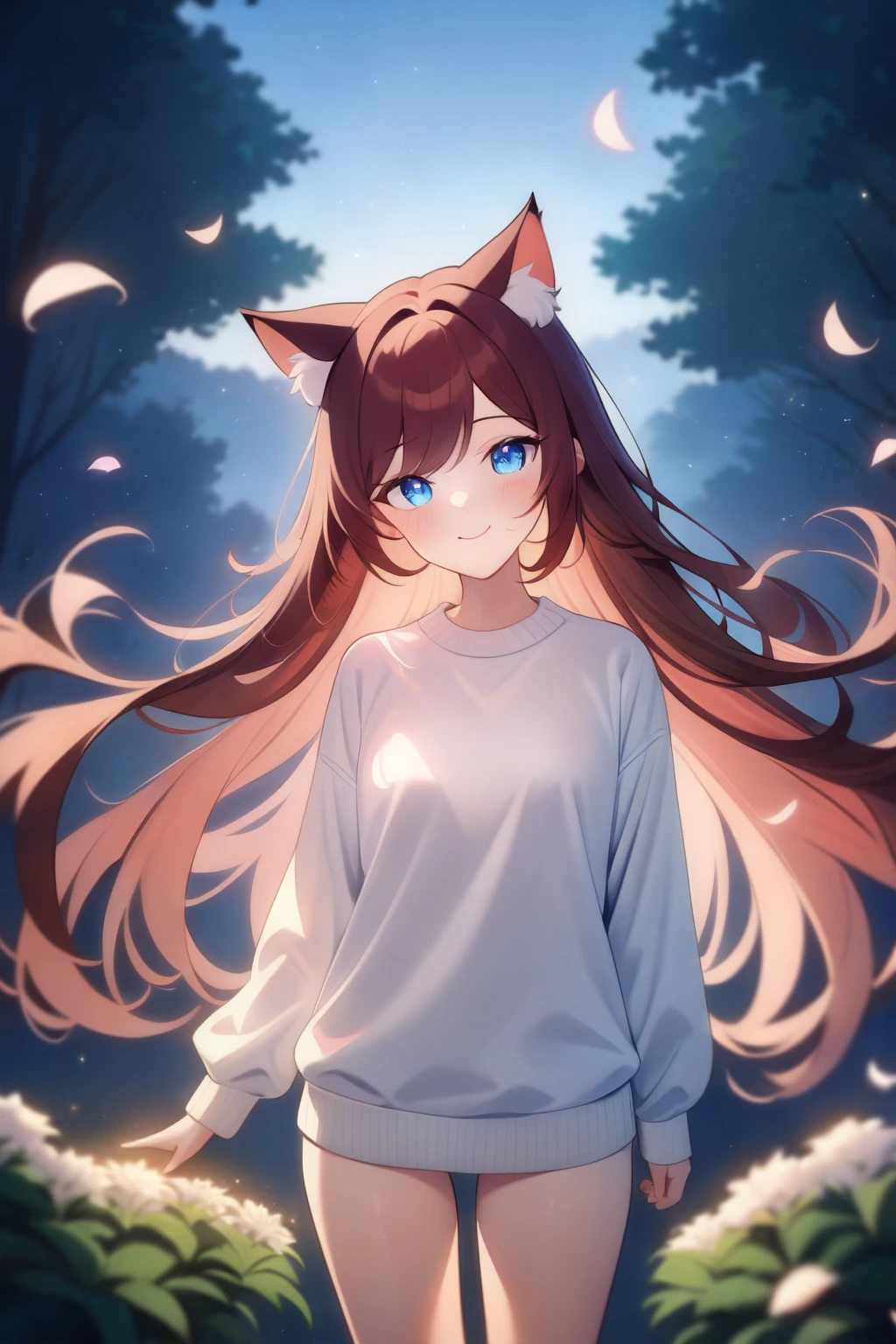 1girl, solo, cat ears, straight hair, raifu, blue eyes, white sweater, looking at viewer, smile, newest, extremely aesthetic, best quality, general, night, forest, flower, vegetation, wind, petals, feathers, fire, magic, electricity, head tilt, cowboy shot, scenery, waving,