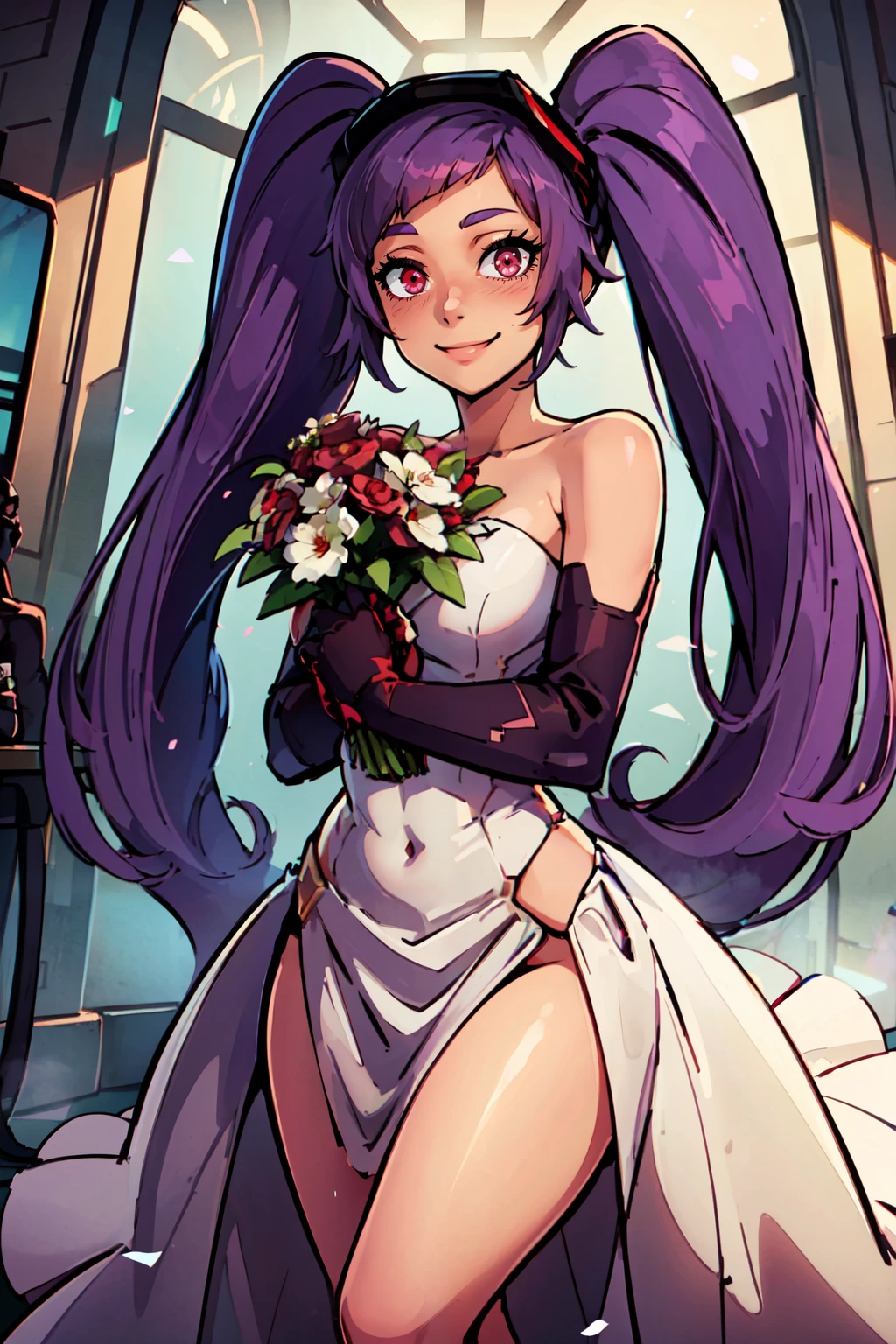 ((masterpiece,best quality)), absurdres, <lora:EntraptaShera_v2:0.7>,    zzEntrapta, red eyes, purple hair, long hair, twintails, very long hair,     bride, wedding dress, bridal veil, strapless dress, elbow gloves,  holding bouquet,   solo, cowboy shot, smile, looking at viewer,