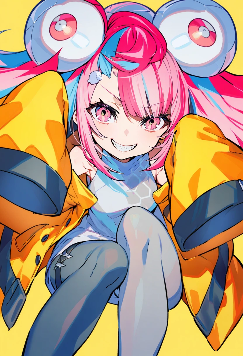 masterpiece, best quality,<lora:MikaPikaZoXL_ANI31_lokr_V4302:0.95> 1girl, iono \(pokemon\), solo, jacket, hair ornament, teeth, yellow jacket, pink hair, multicolored hair, smile, single leg pantyhose, sleeves past fingers, long hair, sharp teeth, character hair ornament, sleeves past wrists, bow-shaped hair, yellow background, grin, pantyhose, shirt, sleeveless shirt, two-tone hair, thigh strap, looking at viewer, grey pantyhose, sleeveless, oversized clothes, very long sleeves, simple background, pink eyes, grey shirt, hexagon print