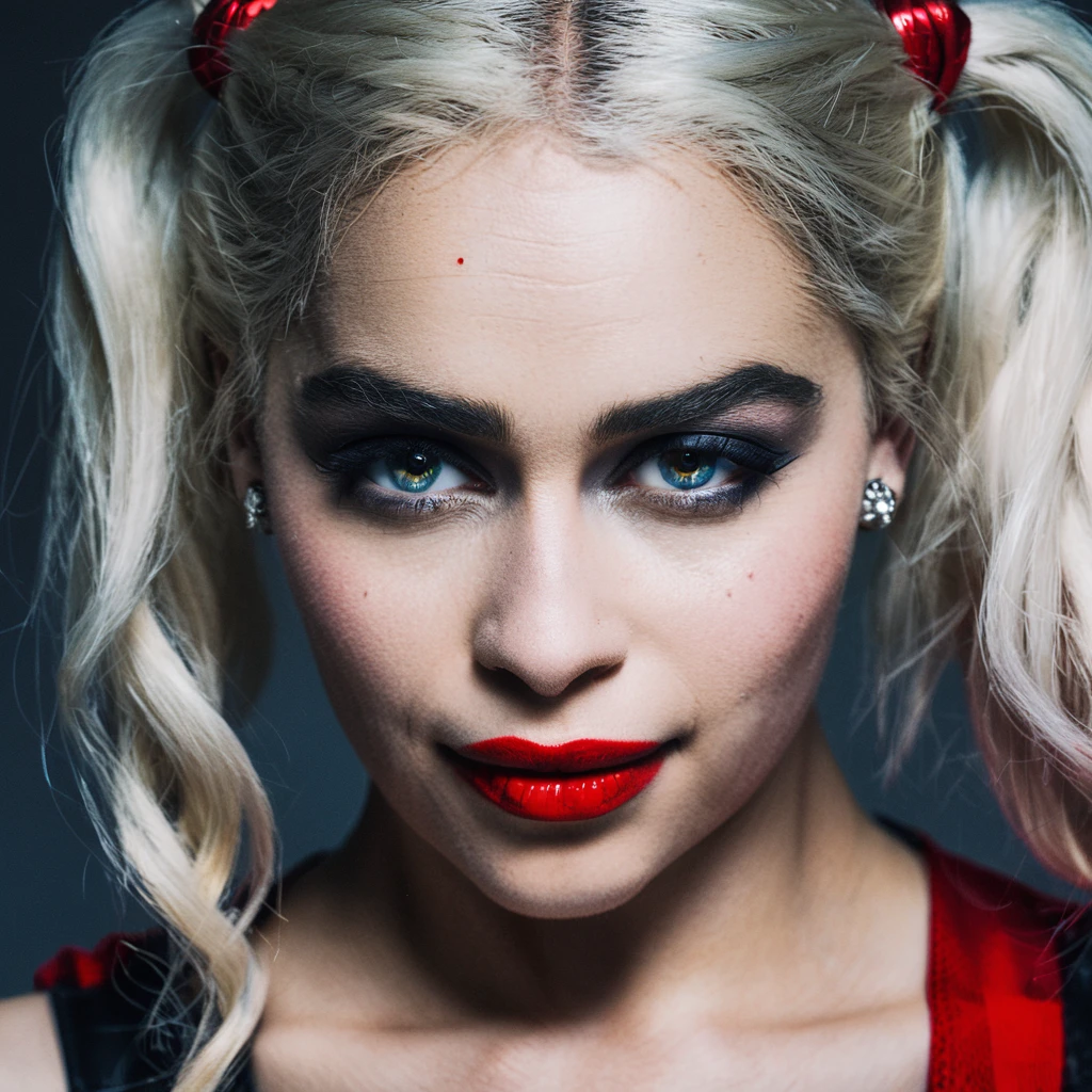 High res closeup portrait photo of an actress dressed as Harley Quinn, f /2.8, Canon, 85mm,cinematic, high quality, skin texture, looking at the camera, emxclrke, <lora:emclarke_juggerX_xl_2_st_wocap-emxclrke-000025:1>