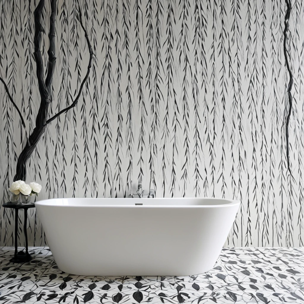 <lora:artfullyTULIPWILLOW_SDXL_V1:1>, arttlpwllw, repeating pattern, black and white, elegant, minimal, decadence, beautiful,willow
, tiled bathroom