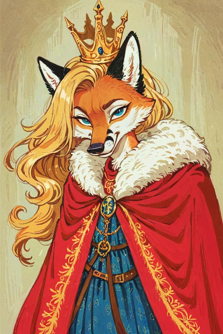 anthro fox girl,blonde hair,princess,(solo:1.5),imperial palace,crown, 
Trepenok,cape,portrait,looking at viewer, 
<lora:Trepenok:0.8>
  <lora:age_slider_v4:-3> <lora:Perfect Hands:1>, score_9, score_8_up, score_7_up, score_6_up, score_5_up, score_4_up,zPDXL