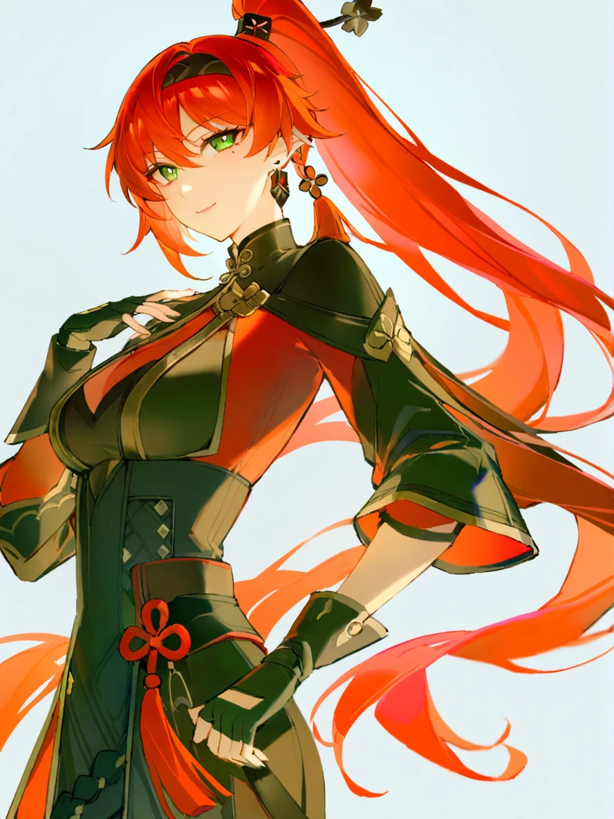 1girl,
yinlin \(wuthering waves\),
solo, long hair, high ponytail, low ponytail, green eyes, hair between eyes, mole under eye, closed mouth, tassel, jewelry, mole, gloves, dress, very long hair, black dress, red hair, earrings, white hair, tassel earrings, ponytail, from side, smile, upper body, looking at viewer, black gloves, cropped torso, simple background, long sleeves, white background, single earring, fingerless gloves,
masterpiece, best quality, safe
<lora:mki-ani3-yinlin-v1:1> <lora:mki-ani31-blackmeow-v1-000120:1>