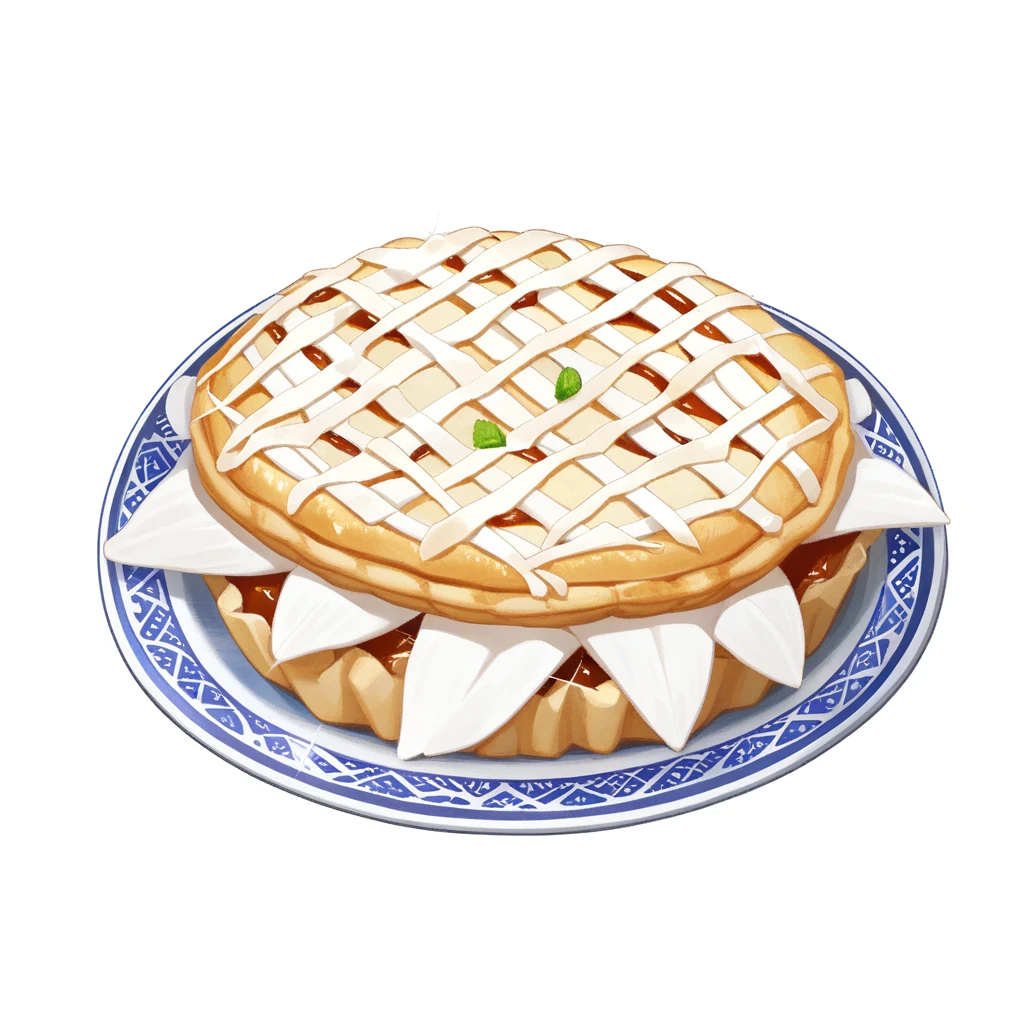 <lora:game_food_v1:1>,still_life, no_humans, food_focus, plate, simple_background, transparent_background, white_flower, pie, sparkle