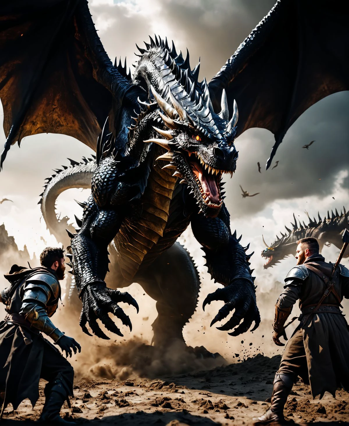 black dragon fighting with four man, portrait, dof, hyper-realism, majestic, (four heroes,  1Fighter 1druid 1ranger and 1wizard:1.0), awesome vista, inspiring, Capture the thrilling showdown between the four heroes and the colossal dragon boss , the heroes on a mudy field look up as humongous black dragon swoops out of the sky towards them, cinematic still, dramatic composition, realistic shadows,