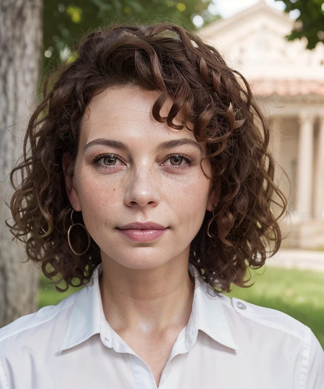 masterpiece, ultra detailed, donna_langley, policewoman, police uniform, police hat, portrait, close-up, woman, 1girl, (looking at viewer:1.3), beautiful face, (curly hair:1.3), (brown hair:1.1), (perfect eyes:1.2), brown eyes, pouty pink lips, perfect textured skin, freckles, high resolution, best quality, outdoors, soft lighting, shadows, ambient occlusion <lora:donna_langley:0.5>