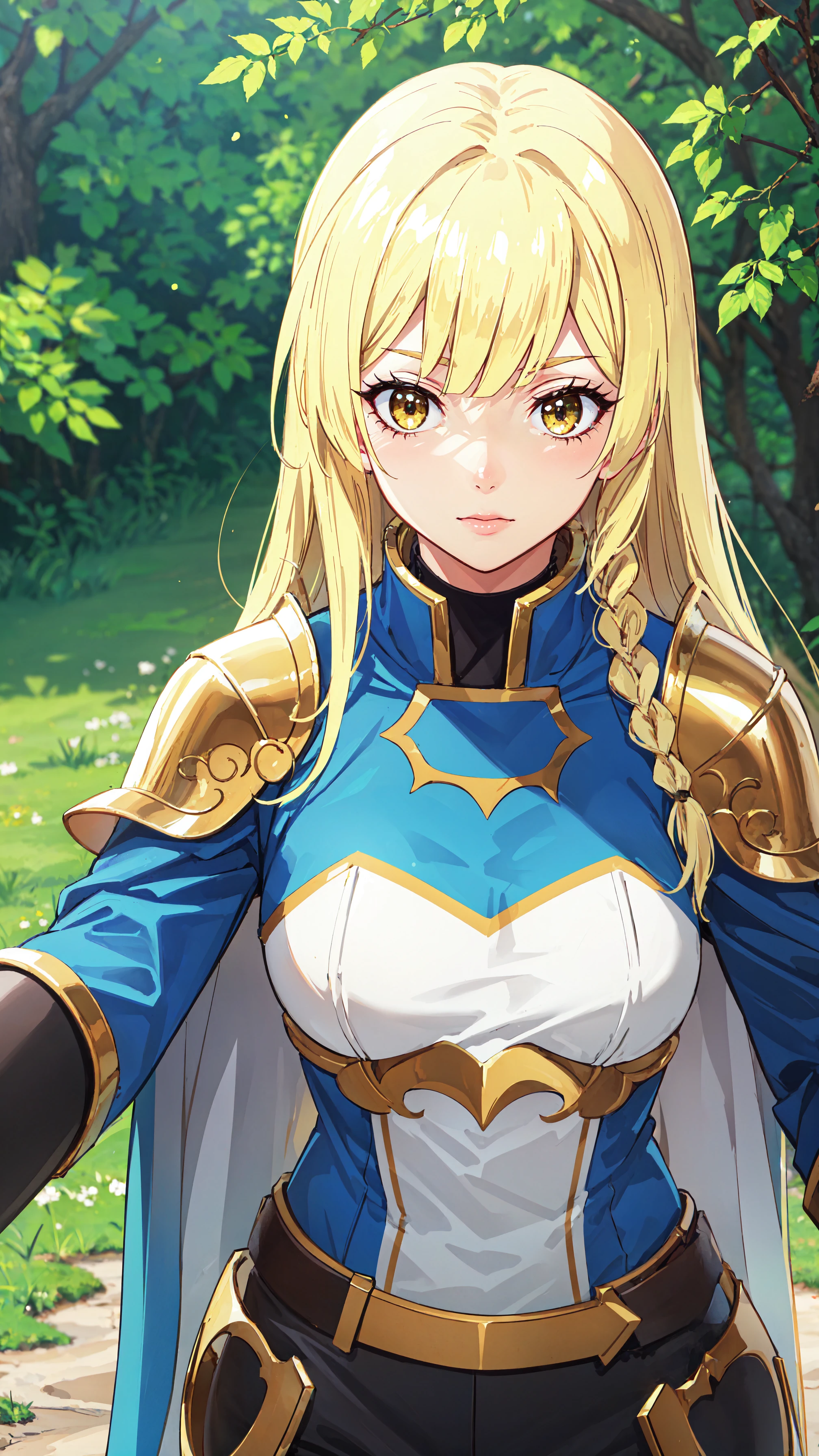 photorealistic, (4k), depth of field, (Masterpiece), (realistic skin texture), extremely detailed, intricate, hyper detailed, professional photography, bokeh, high resolution, sharp detail, best quality, girl, long hair, blonde hair, yellow eyes, braid, blue and white outfit, gold shoulder pads, blue cape, black pants, <lora:GoodHands-vanilla:0.4>, <lora:detail_slider_v4:0.8> , dynamic pose, (head down), <lora:Balirossa-000004:0.7>, nature, grass path, forest, midday,