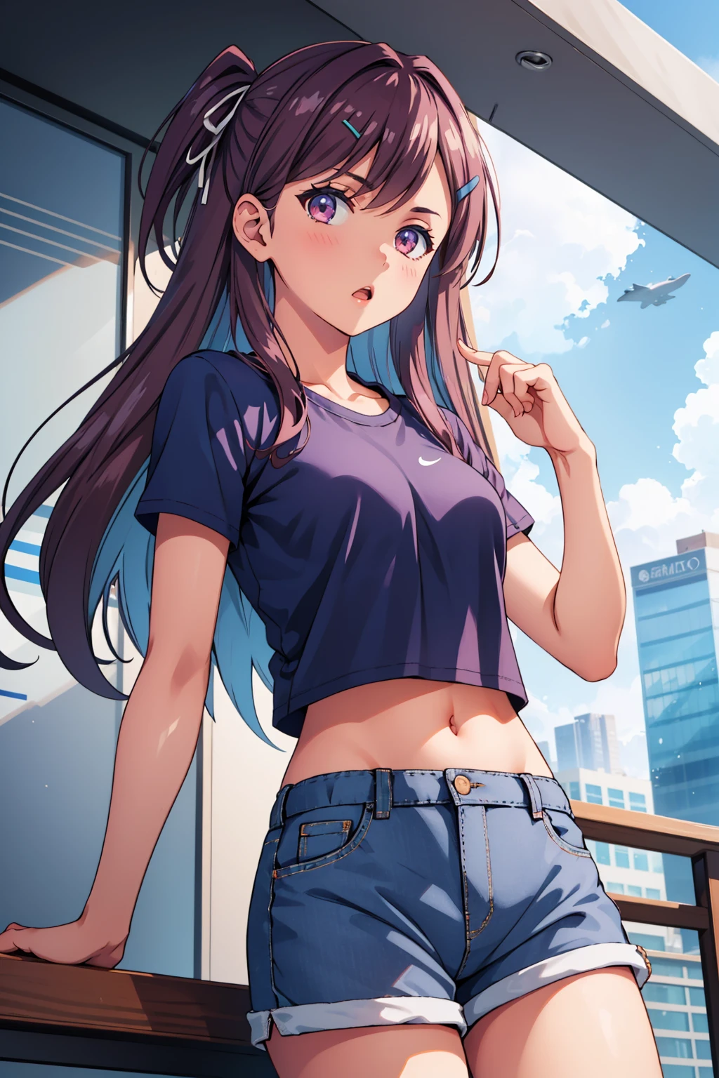 masterpiece, best quality, 1girl,  <lora:kamuromasumi-nvwls-v1-000009:0.9> masumi, one side up, hairclip, grey t-shirt, midriff, dolphin shorts, city, looking at viewer, :o