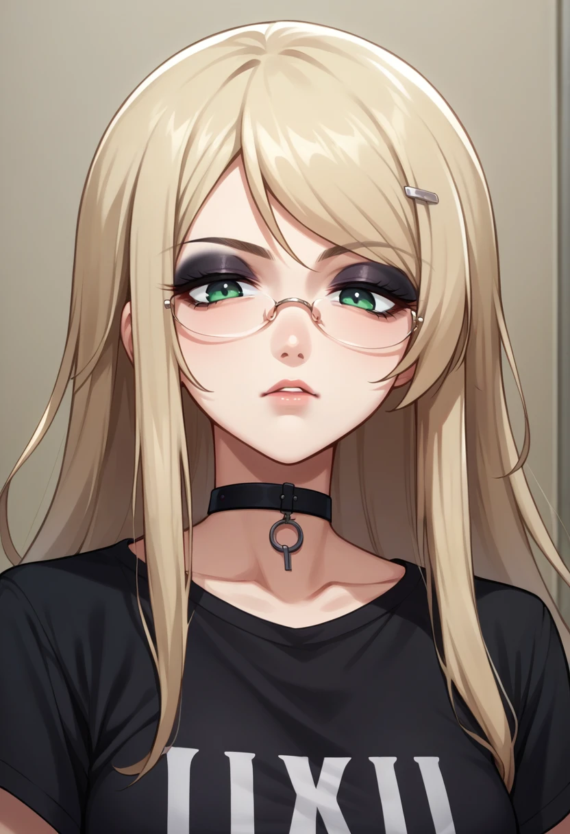 score_9, score_8_up, source_anime, 1girl, solo, KusunokiYua, long hair, glasses, hairclip, black shirt, t-shirt, black choker, goth, eyeliner, eyeshadow, <lora:ChamYuaKusunokiPonyXL:1>