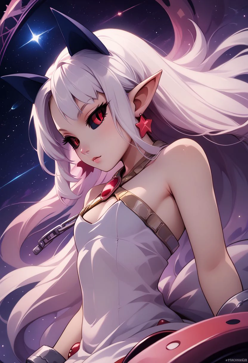 score_9, score_8_up, score_8, medium breasts, (curvy), cute, eyelashes,  rating_safe,
BREAK, 
zzPram, 1girl, solo, long white hair, horns, pointy ears, red eyes, black sclera, jewelry, dress, bubble skirt, earrings, chain, bat wings, albino, shackles, criss-cross halter,
BREAK, 
dynamic angle, stars, floating, colorful, pink, blue eyes, from side, on back, spaceship, technological,
zPDXL,