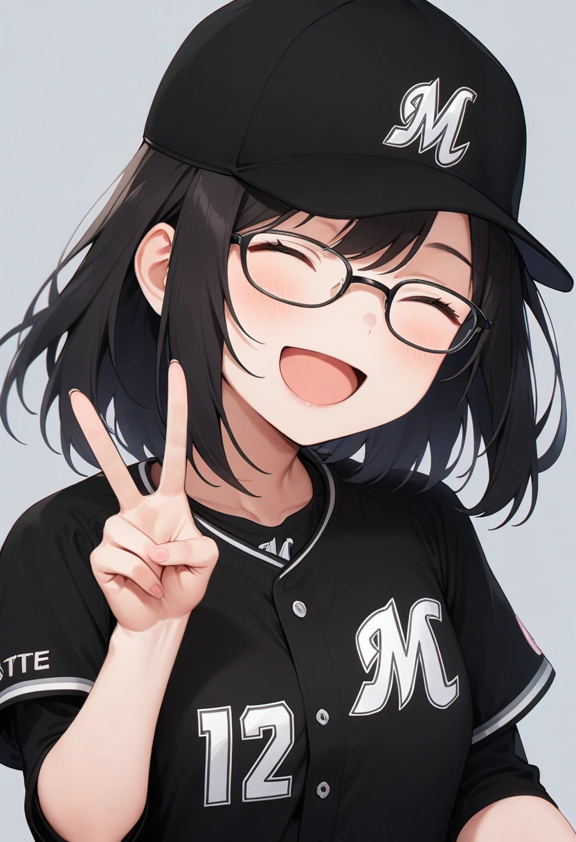 masterpiece, best quality, very aesthetic, absurdres,
1girl, solo, glasses, black hair, medium hair, happy, smile, v, closed eyes, open mouth, 
chibalotteV, baseball uniform, black shirt, baseball cap, black cap, grey background, simple background, upper body,
 <lora:ChibaLotteMarinesUniformV_SDXL_V1:1>