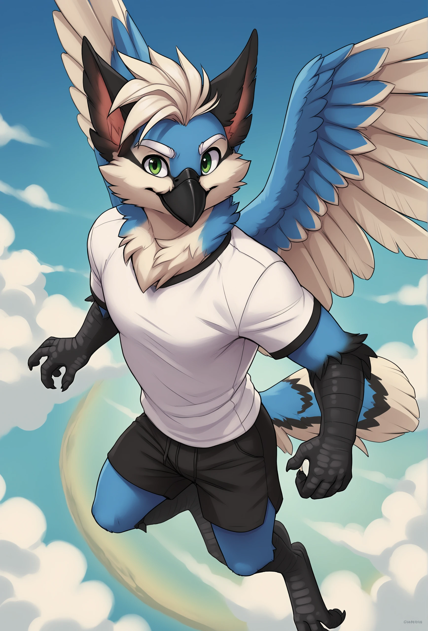 blue sky, cloud, cloudscape, flying BREAK 
<lora:rane_fluffkevlar_ponyXL_v1.2_0.99:1> rane, 1boy, solo, furry, (wings:1.2), spread wings, tail, beak, white eyebrows, green eyes, white hair, white shirt, black shorts, smile, (dynamic pose:1.2), (from above, foreshortening:1.2), close-up