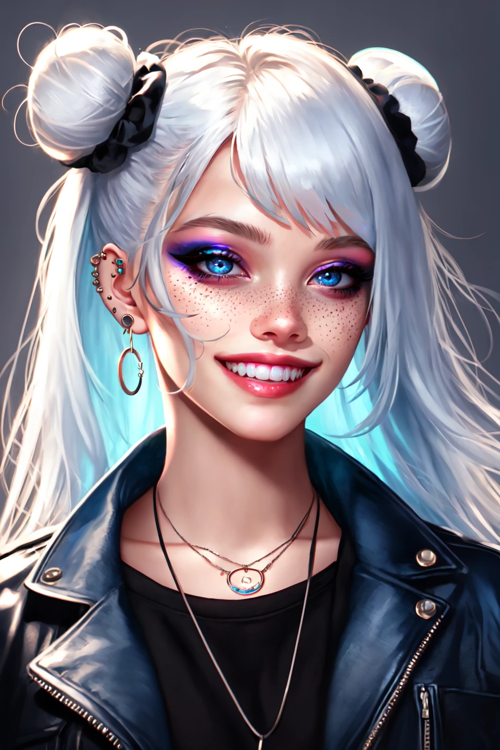 njmjzkz, 1girl, jewelry, earrings, solo, double bun, freckles, realistic, smile, hair bun, looking at viewer, white hair, piercing, upper teeth only, parted lips, jacket, grin, necklace, blue eyes, makeup, hoop earrings,  <lora:Niji_vs_Midjourney_for_SD_1.5:0.5>