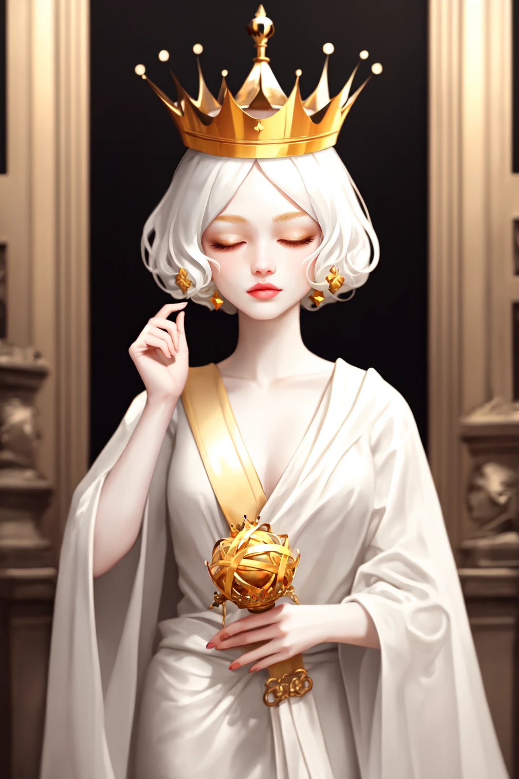 njmjzkz, njmjzkz, solo, 1girl, closed eyes, portrait, white hair, closed mouth, hand up, crown, statue, colored skin, blonde hair, collarbone, pale skin, blurry, white skin, <lora:Niji_vs_Midjourney_for_SD_1.5:0.5>