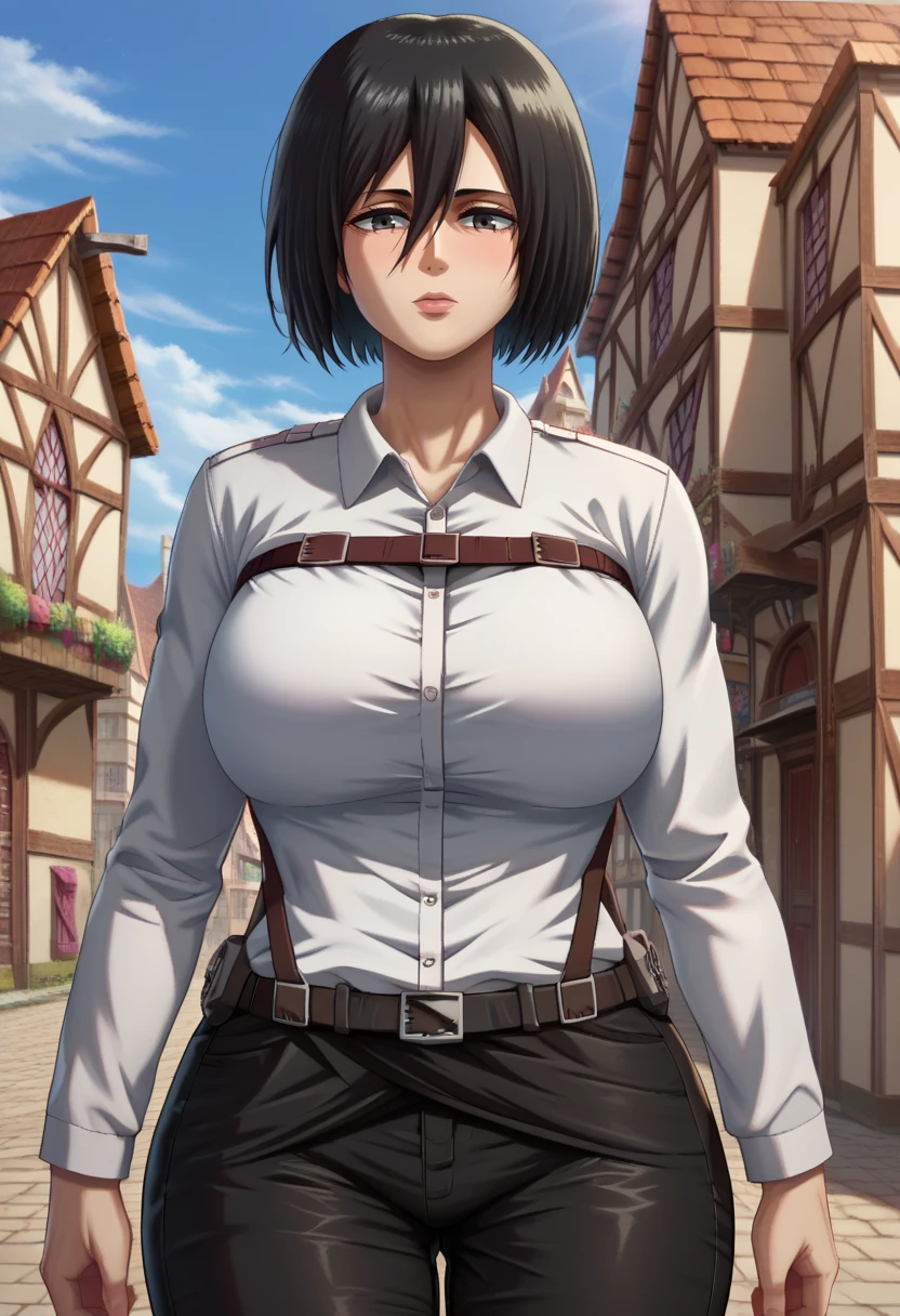 score_9,score_8_up,score_7_up,score_9,4k,HD,8k,highres,antialiasing,detailed,texture,cinematic lighting BREAK <lora:mikasa:1>,mikaackermanSDXL,1girl,solo,short hair,looking at viewer, very short hair,shirt,black hair,white shirt,black pants,black eyes,mikasa ackerman,cowboy shot,wide hips,large breasts,village,