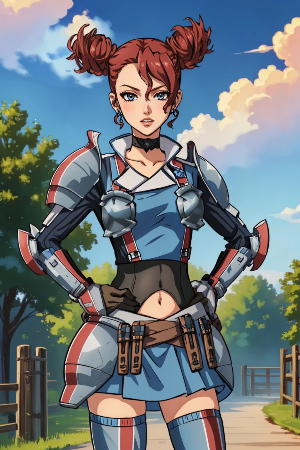 masterpiece, 1girl, solo, hand on hip, looking at viewer, parted lips, <lora:RosieVC:0.9> defRos, double bun, black choker, earrings, blue shirt, blue skirt, armor, chest guard, gloves, navel, thighhighs, outdoors, sky, cloud