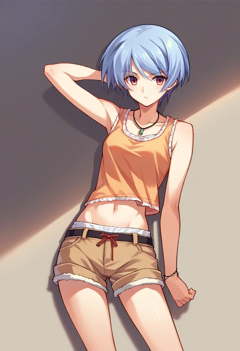 score_9, score_8_up, score_7_up, source_anime, <lora:wrenchchaosheadayasekishimoto:1>, chayasekishimoto, shorts, tank top, midriff, hand behind head,