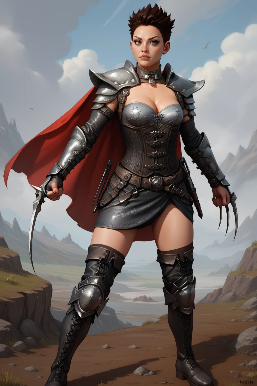 score_9, score_8_up, score_7_up, masterpiece, high quality
<lora:D2 NatalyaPonyLoRA:0.8>Natlya, short spiky hair, cape, collar, shoulder armor, cleavage cutout, bustier, elbow gloves, gauntlets, corset, belt, skirt, thighhighs, kneep pads, boots, claw, Fist weapon, claws