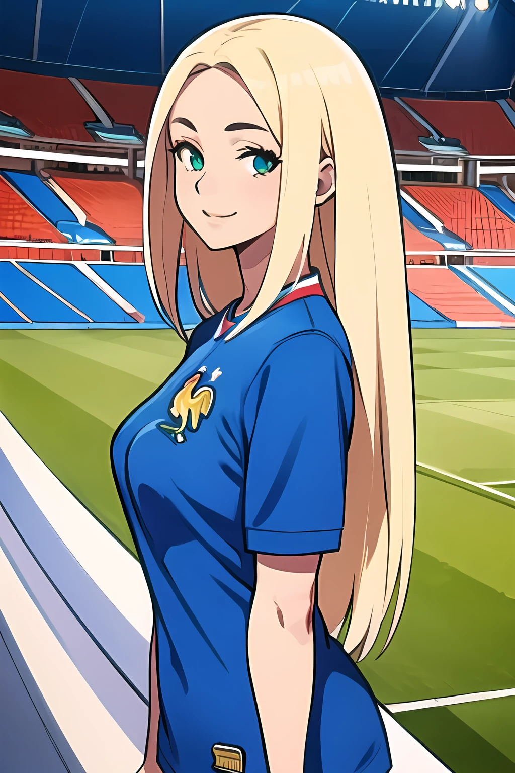 <lora:SC-FR4_Shirt_2024:1>, fr4nc3, sportswear, soccer uniform, blue shirt, shorts, blonde hair, long hair, (upper body:1.2), from side, looking at viewer, 1girl, smile, (stadium:1.2), green field, massive breasts, High Detail, (best quality), (ultra-detailed), (best illustration)