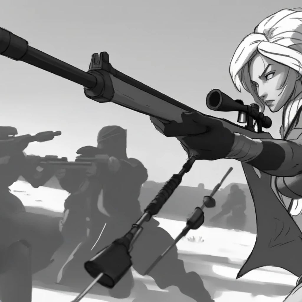 lor concept art, a woman with a rifle shooting at a warrior in the distance, full body shot