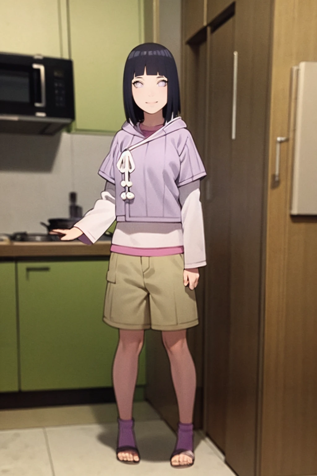 masterpiece, best quality,
hinata_boru, 1girl, black hair, short hair, blunt bangs, hood down, hoodie, layered sleeves, beige shorts, 
smile, full body, standing, looking at viewer, solo, indoors, kitchen background   <lora:Hinata:1>