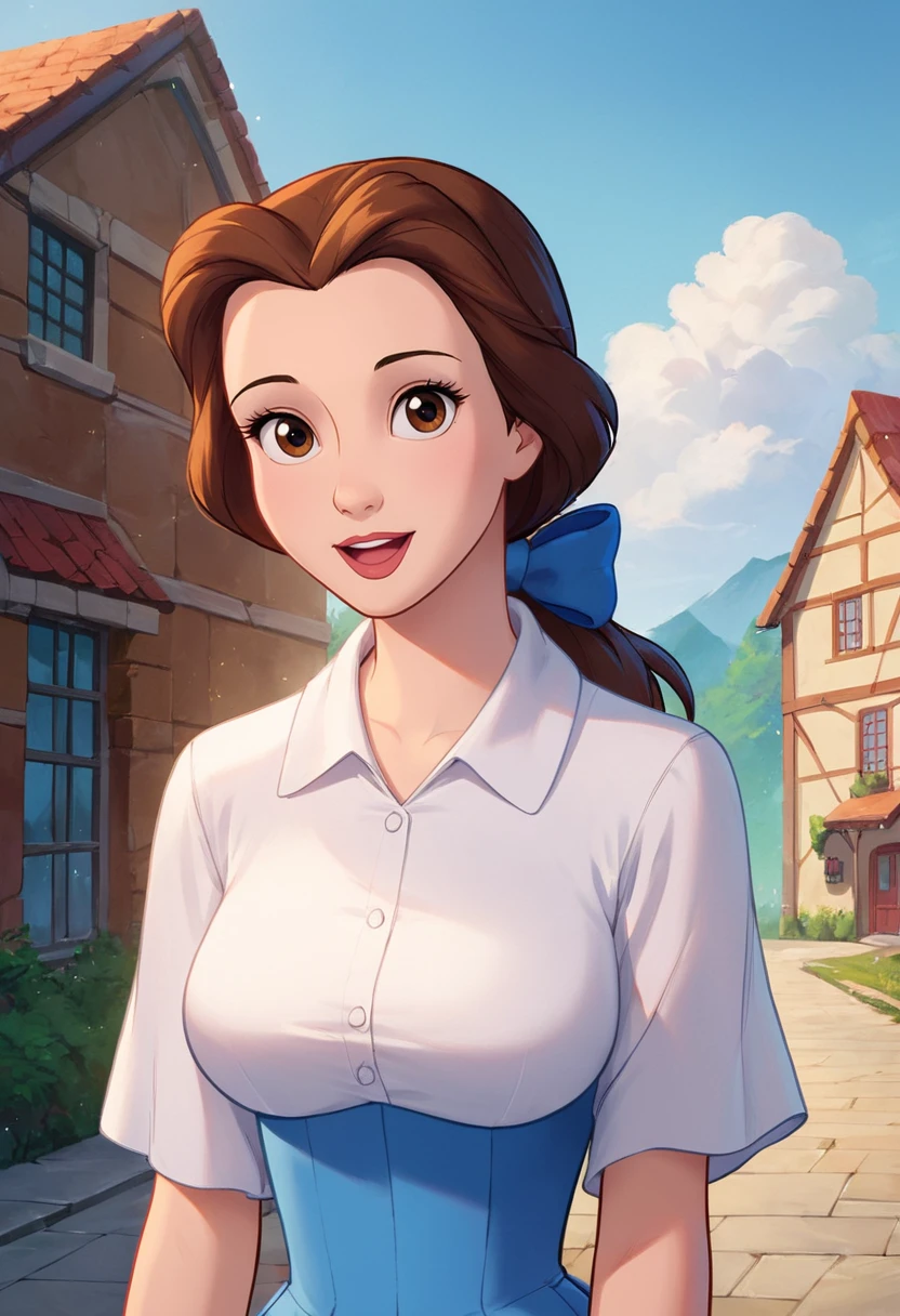 PonyXLV6_Scores ,source_anime, masterpiece,best quality, highly detailed,<lora:xl_more_art-full_v1:0.8>,cinematic,
BREAK
 <lora:belle:0.8>belle,1girl, solo, brown hair, shirt,brown eyes,  smile, white shirt, looking at viewer, upper body, outdoors, bow, ponytail, open mouth, long hair, hair bow, blue dress, blue bow, dress,parody,large breasts,