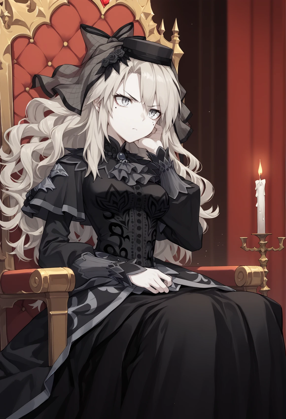 1girl, pale skin, grey eyes, grey hair, long hair, curly hair, mole under eye, makeup, hat, veil, rose, black dress, ascot, capelet, long skirt, sitting, bored, throne, royal throne, throne room, gothic, candlelight <lora:Kriemhild:1> medium breasts, score_9, score_8_up, score_7_up, score_6_up, score_5_up, score_4_up, BREAK source_anime, masterpiece