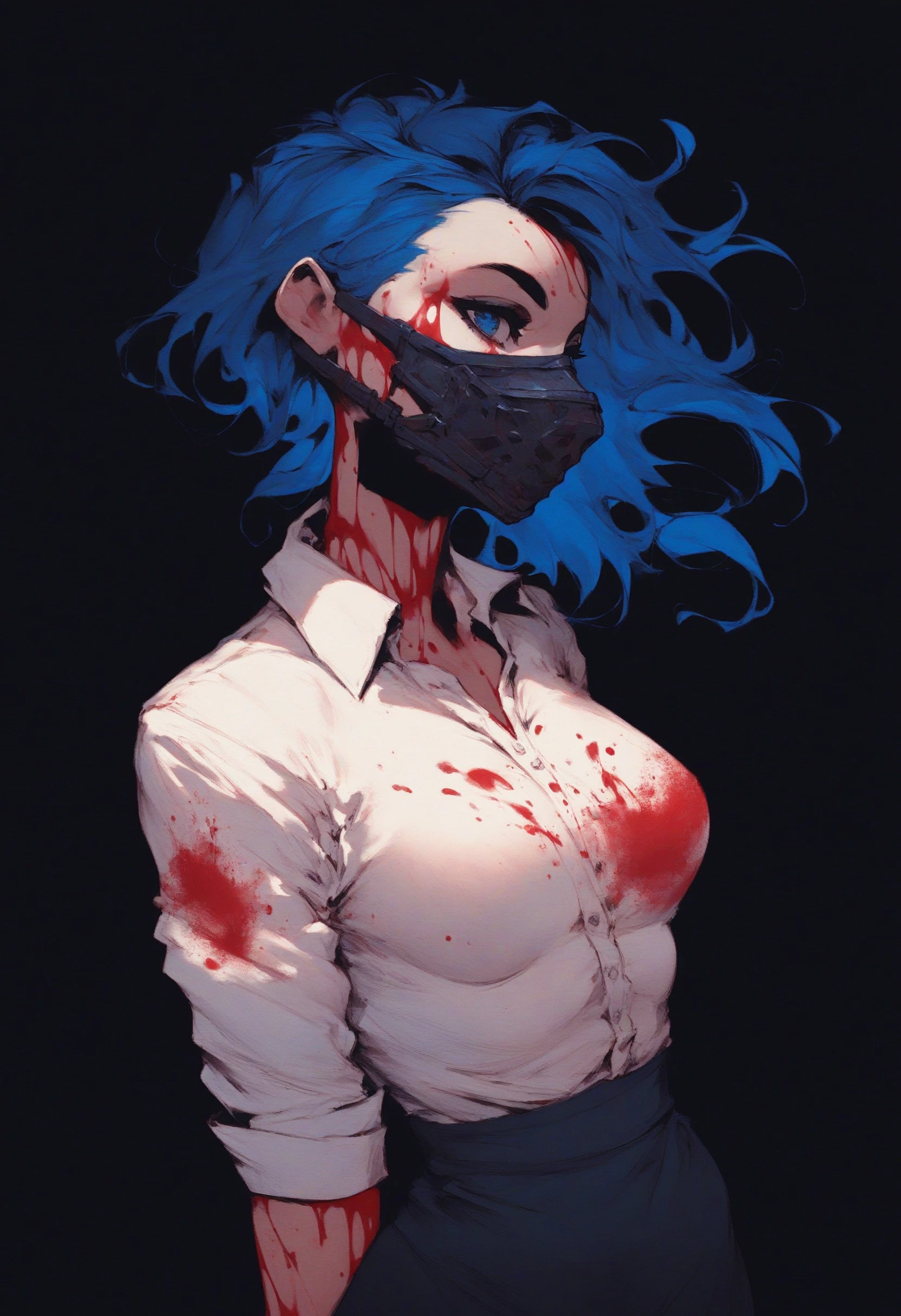 score_9, score_8_up, score_7_up, <lora:Deep_Ink_Enhanced:1> ink art, 1girl, solo, [medium breasts::0.5], blue bob hair, wearing metal cannibal Muzzle Mask, blue eyes, tight white shirt with red blood splashes, long black skirt, black background