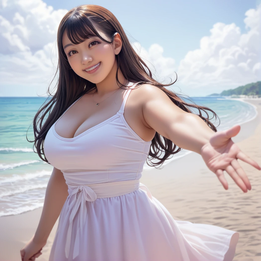 (Best-quality, Masterpiece, Ultra-High-Resolution, (Photorealistic:1.4), Raw Photo,  depth of field, professional lighting, perfect anatomy, extremely details), 1girl, the most famous Japanese idol, at summer beach, wearing summer dress with cute-patterned, (extremely cute face, ((extremely cute and extremely big eyes)), extremely cute hair, extremely cute skins), extremely cute long-eyelashes, extremely cute lips, extremely short body, innocent smile, dynamic pose, detailed summer-beach