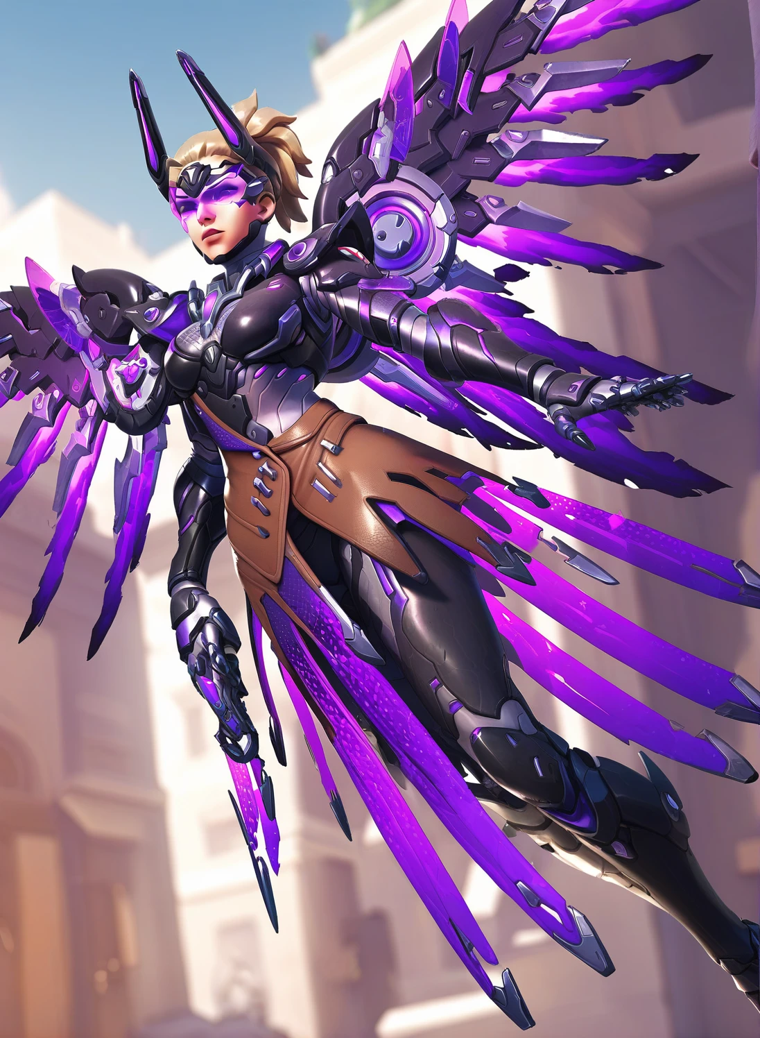 score_9, score_8_up, score_7_up, source_anime,  <lora:mercy_veng_next_2:0.6> vengeance_mercy, purple bundle, wings, purple wings, mecha, flying, purple visor, visor,  spread wings