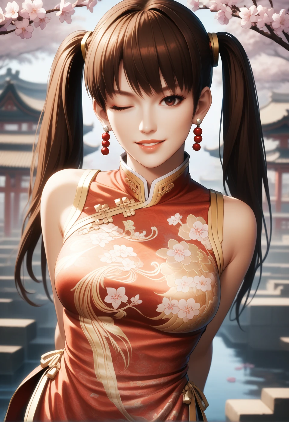 score_9, score_8_up, score_7_up, best quality, intricate details, BREAK 1girl,
<lora:Leifang_Pony_v09:1> lfchinadress, earrings, china dress, twin braids, hair rings,,
brown hair, brown eyes, arm behind back, parted lips, light smile, one eye closed, head tilt, bent over,
cowboy shot, midriff,
cherry blossoms, bokeh, high contrast, natural skin texture, hyperrealism, soft light, sharp, portrait, artistic photoshoot, colorful, vivid,
