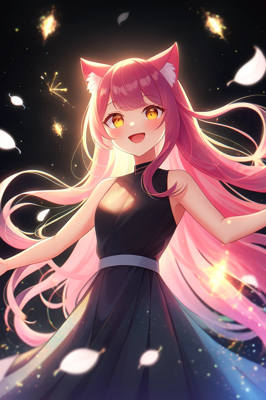 1girl, solo, cat ears, straight hair, pink hair, orange eyes, bare shoulders, looking at viewer, smile, newest, extremely aesthetic, best quality, general, black background, wind, petals, feathers, magic, electricity, bioluminescence, depth of field, fireflies, head tilt, fire, space, open mouth, waving,