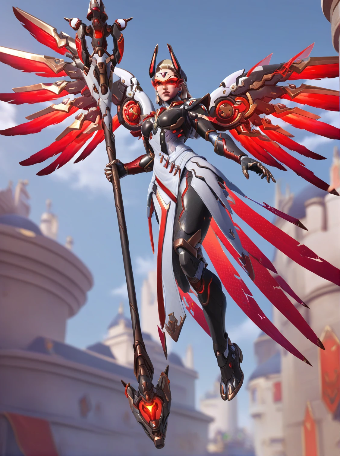 score_9, score_8_up, score_7_up, source_anime,  <lora:mercy_veng_next_2:0.6> vengeance_mercy, red bundle, wings, red wings, mecha, flying, red visor, visor,  spread wings, holding healing stuff