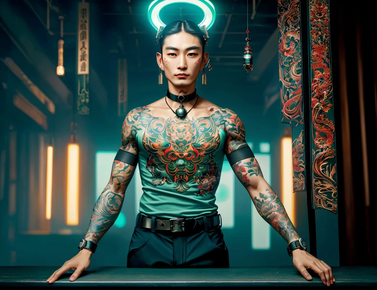 masterpiece, awesome quality, cinematic lighting, detailed, DonMH4ny4 male warlock, virtual constructs, digital entities existing purely in virtual reality, taking on various forms and functions, ageless delicate, polynesian, chestnut eyes, attached ears, button nose, soft jaw, unique cheeks, well-defined collar bone, scars, mint green flat top hair, regret, quantum blur, character stands in a dynamic, blurred pose, as if phasing in and out of reality due to quantum manipulation, wearing tactical laser-cut cargo pants, techno-mesh polo shirt, smart-sensor work boots, ,electroluminescent choker , enchantment pose, palms facing outward, imbuing objects with magic, gritty urban cyberpunk , hannya, tattoo <lora:DonMH4ny4:0.8>